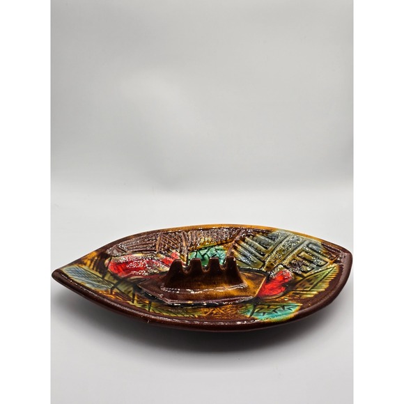 Vintage California Pottery MCM Ashtray 10" Abstract Geometric Leaf Ceramic Dish - Picture 5 of 11
